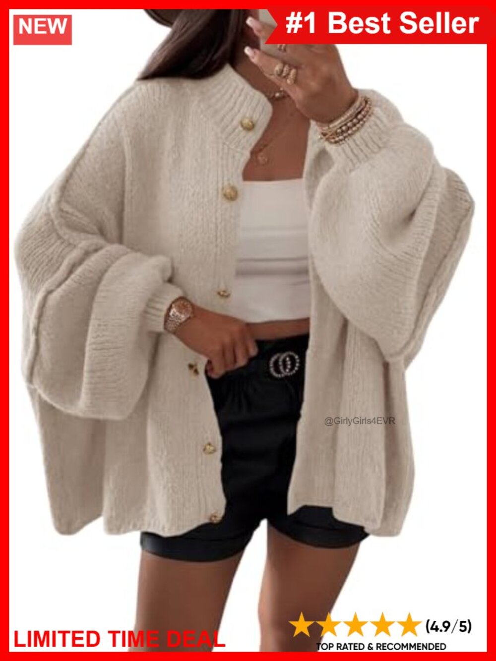 Oversized Chunky Knit Cardigan Long Lantern Sleeve Button Down Sweater Coat